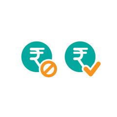 Blue circles with rupee signs and orange circle with tick and crossed circle.