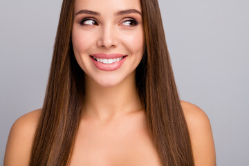 Cropped close-up portrait of her she nice-looking attractive lovely charming fascinating cheerful cheery straight-haired girl looking aside serum therapy isolated over gray pastel color background