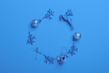 Christmas composition. Frame made of silver decoration. Christmas, winter, new year concept. Toned...