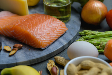 Ketogenic diet concept : Background photo of many raw fresh food ingredients for ketogenic diet program.