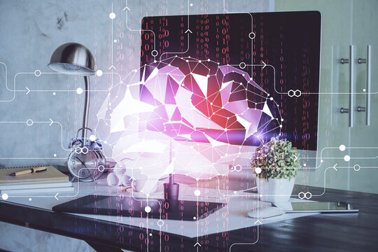 Multi exposure of work table with computer and brain hologram. Brainstorm concept. © peshkova