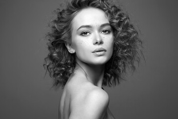 Beautiful woman. amazing curly girl. black and white portrait