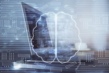 Multi exposure of work table with computer and brain hologram. Brainstorm concept.