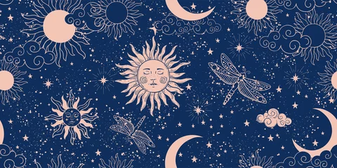 Papier Peint photo Pour elle Motif d& 39 espace bleu transparent avec soleil, croissant et étoiles sur fond bleu. Ornement mystique du ciel nocturne pour papier peint, tissu, astrologie, voyance. Illustration vectorielle