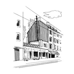 Landscape, city street. Hand drawn in sketch style. Vector illustration.