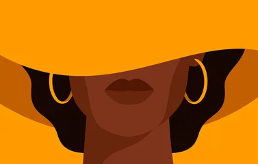 Junge Afroamerikanerin mit schwarzen Locken im gelben Hut mit breiter Krempe, die ihr Gesicht bedeckt. Schwarzes starkes Mädchen auf gelbem Hintergrund, Vorderansicht. Vektor-Illustration © Mary Long