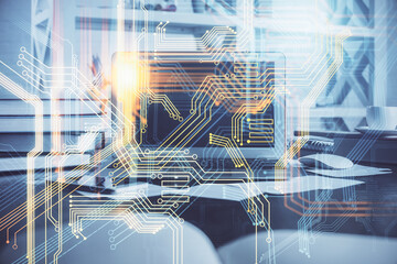 Multi exposure of table with computer and world map hologram. International data network concept.