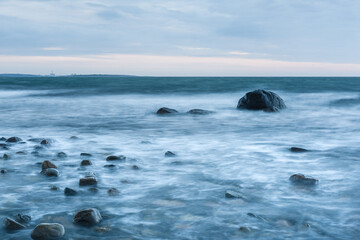 Fototapeta na wymiar Moody coastal scene at long exposure, Sweden.