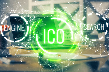 Multi exposure of blockchain theme hologram and table with computer background. Concept of bitcoin...