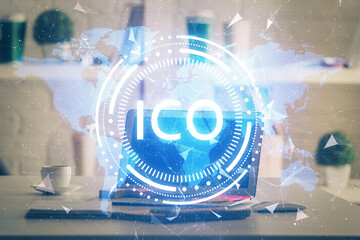 Multi exposure of blockchain theme hologram and table with computer background. Concept of bitcoin...
