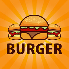 Burger fast food meal advertising poster with rays and lettering inscription. Delicious hamburger or cheeseburger promotional banner design temp. Design template vector