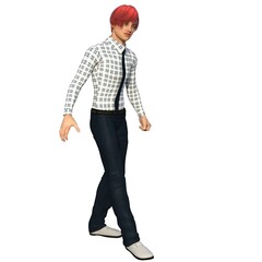 one young guy with red hair in a shirt. he walks slowly. White background