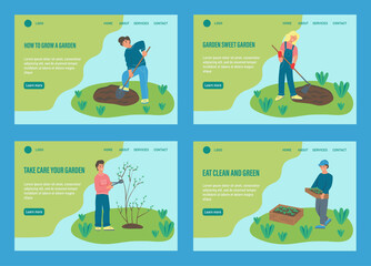 Set of templates. People are engaged in gardening. Website homepage landing web page template. A flat character. Vector illustration.