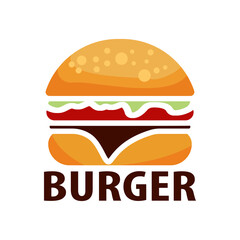 Delicious burger flat icon and lettering inscription. Design template vector