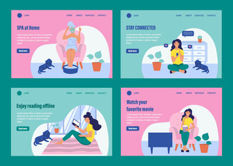 Fototapeta na wymiar Set of templates. Website homepage landing web page template. The concept of daily life, everyday leisure and work activities. Flat cartoon vector illustration.