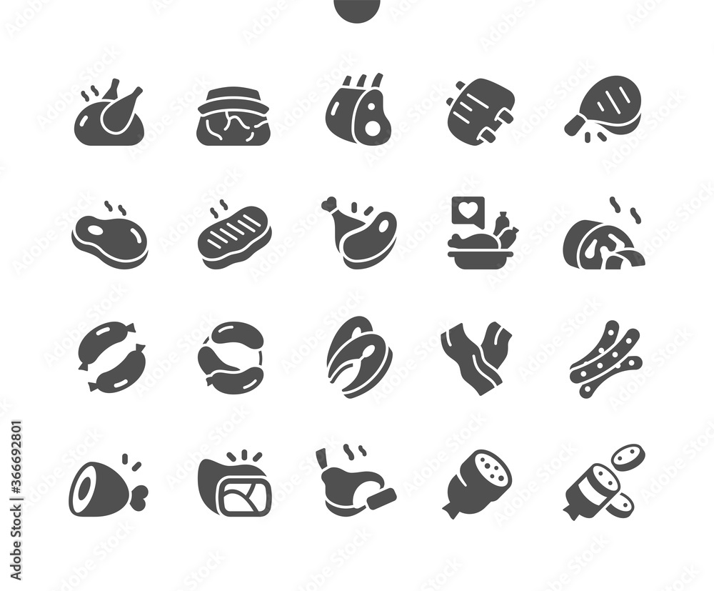 Poster meat 2 well-crafted pixel perfect vector solid icons 30 2x grid for web graphics and apps. simple mi