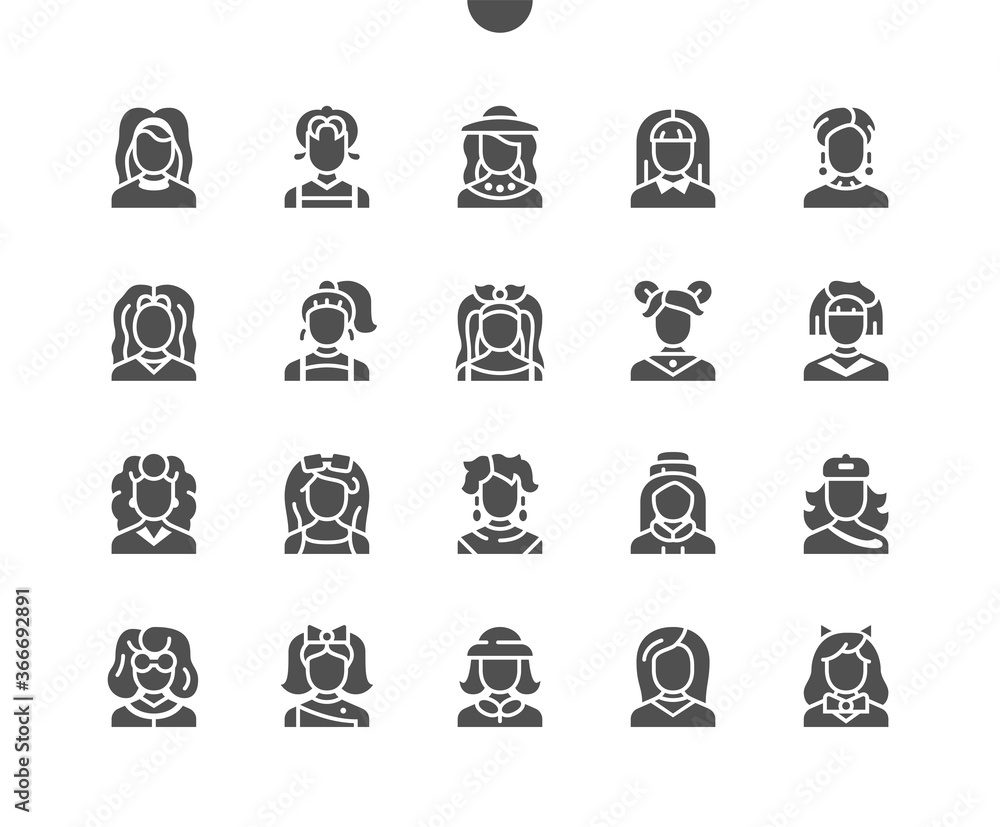 Poster woman avatar well-crafted pixel perfect vector solid icons 30 2x grid for web graphics and apps. sim