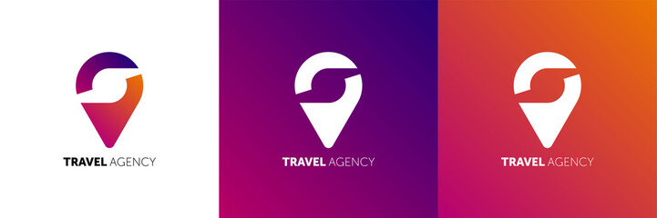 Travel logo. Pin logo. Location on map vector logo. Travel icon. Trip logo. Location icon. Map location icon. Holiday icon. Holiday logo.