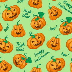 Halloween seamless pattern. Flat orange pumpkins with carved scary smiling faces and black lettering. Happy Halloween Boo Trick or Treat. Stock vector illustration  on green background.