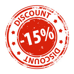 Rubber stamp with text Discount 15 percent icon isolated on white background. Illustration
