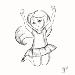A cute little girl smiles and jumps in the style of a hand drawing with black pencils on a white background. Isolated. Vector. Sketch