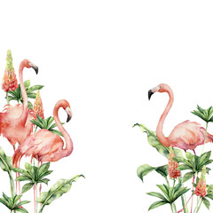 Watercolor tropical border with pink flamingos and lupine. Hand painted card with birds, flowers and jungle palm leaves. Floral illustration isolated on white background for design, print, background.