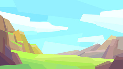 low poly landscape, mountain, hill, rock, cloud, grass, vector illustration