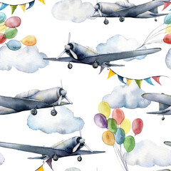 Watercolor seamless pattern with clouds, airplanes, air balloons and flag garlands. Hand painted illustration of sky isolated on white background. For design, prints, fabric, interior or background. © yuliya_derbisheva