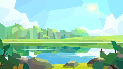 Zelfklevend Fotobehang low poly landscape, forest, river, reflection, sun, cloud, rock, bush, vector illustration © Voidentir