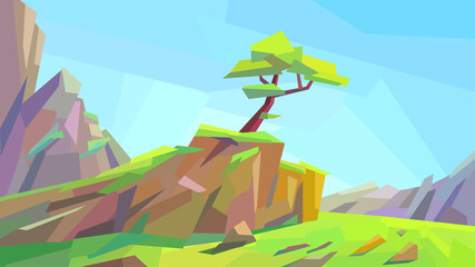 low poly landscape, tree, rock, cliff, mountain, vector illustration