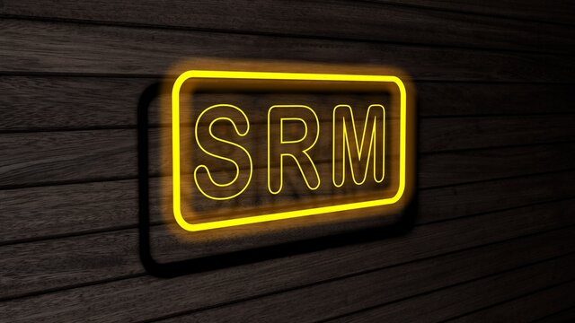 SRM yellow color neon fluorescent tubes signs on wooden wall. 3D render, illustration, poster, banner. Inscription, concept on gray wooden wall background.