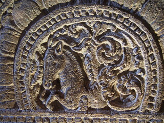 Wall sculpture on the wall of the ancient Ajanta Caves, Jalgaon, Maharashtra, Western India, India