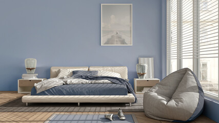Modern bedroom in blue pastel tones, big panoramic window, double bed with carpet and pouf, herringbone parquet floor, minimal interior design, relax concept idea