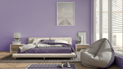 Modern bedroom in violet pastel tones, big panoramic window, double bed with carpet and pouf, herringbone parquet floor, minimal interior design, relax concept idea