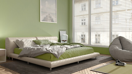 Modern bedroom in green pastel tones, big panoramic window, double bed with carpet and pouf, herringbone parquet floor, minimal interior design, relax concept idea
