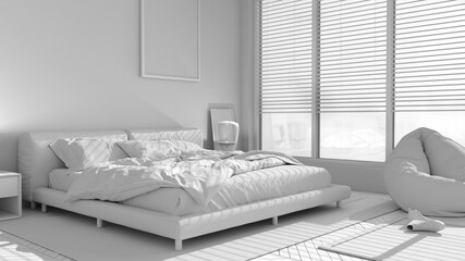 Total white project of modern bedroom, big panoramic window, double bed with carpet and pouf, herringbone parquet floor, minimal interior design, relax concept idea, architecture
