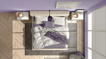 Modern bedroom in violet pastel tones, big panoramic window, double bed with carpet and pouf, herringbone parquet floor, minimal interior design, relax concept idea, top view, above