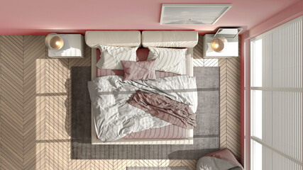Modern bedroom in pink pastel tones, big panoramic window, double bed with carpet and pouf, herringbone parquet floor, minimal interior design, relax concept idea, top view, above