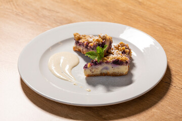 Fruit cake dessert served on white plate