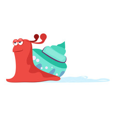 Funny smiling red slug with blue cochlea flat icon. Book character, pet, slime. Mollusk concept. illustration can be used for topics like zoology, nature, fauna