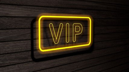 Vip yellow color neon fluorescent tubes signs on wooden wall. 3D render, illustration, poster, banner. Inscription, concept on gray wooden wall background.