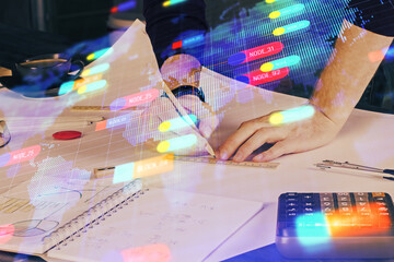 Writing Man hands with data theme multi exposure icons.