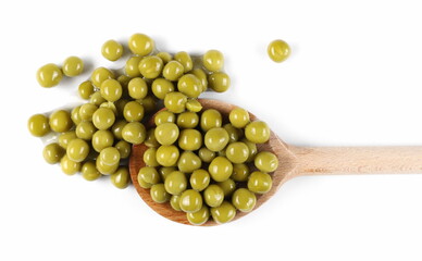 Cooked peas with wooden spoon isolated on white background, top view