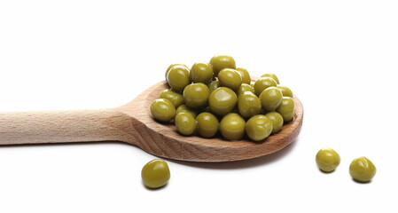 Cooked peas with wooden spoon isolated on white background