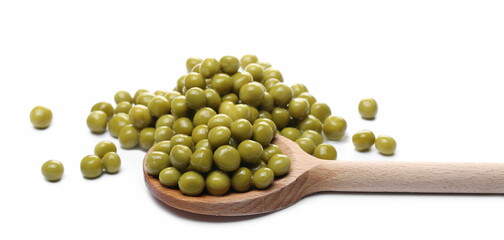 Cooked peas with wooden spoon isolated on white background