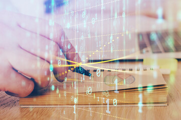 Writing human hands with data theme multi exposure icons.