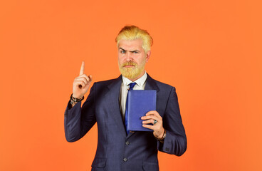 Keep studying. Innovation for creating smart future. Business school education. Serious businessman hold book. Mature man reading book. Education for adults. Self education. Teacher lecturer speaker