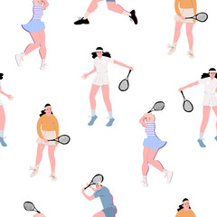 Fototapeta na wymiar Vector illustration of people with a tennis racket in hands in a sports uniform. Hand-drawn guys play tennis and love sports isolated on a white background. Healthy lifestyle concept. Seamless pattern