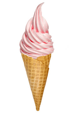 Strawberry  Whipped Soft Ice Cream Or Frozen Custard In Cone Isolated On White Background. Including Clipping Path.	