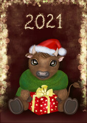 Pretty baby bull in scarf, santa hat with present box. Hand drawn little cartoon cattle. Isolated on red sparkle background. Symbol of the 2021. Merry Christmas and New Year card, poster, background.